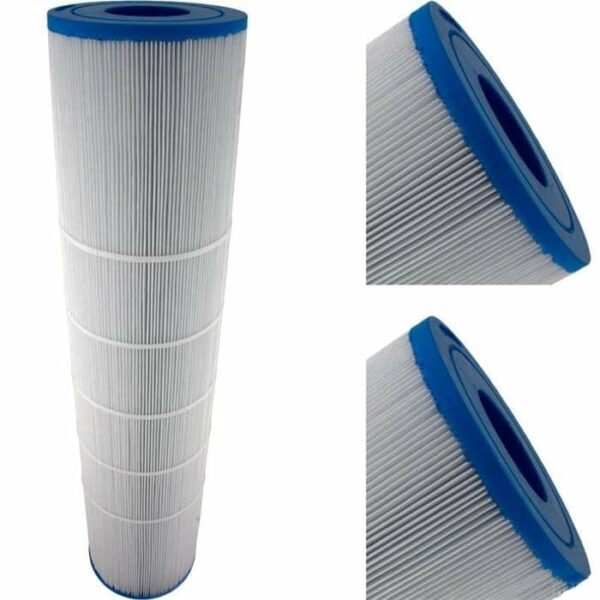 The Clean & Clear Plus 125 Square Foot pool filter cartridge features white pleated material and blue end caps, displayed from a side view and two top-down angles against a white background.