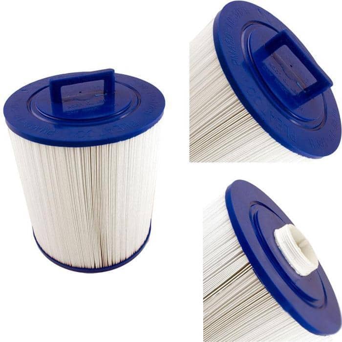 The Master Spas 60 Sq Ft pool filter cartridge features white pleated material, blue plastic end caps, and a rectangular handle on top, displayed from three different angles.