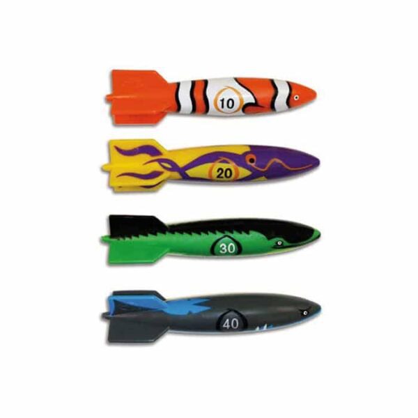 Toypeedo Bandits are four fish-shaped dive toys in orange/white (10 points), yellow/purple (20 points), green/black (30 points), and blue/black (40 points), each featuring a unique color, design, and point value.