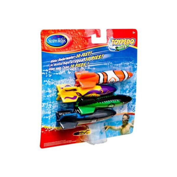 Three colorful Toypedo Bandits toy torpedoes in orange, yellow, and black are packaged on a blue card, featuring text that highlights their ability to glide underwater up to 30 feet.