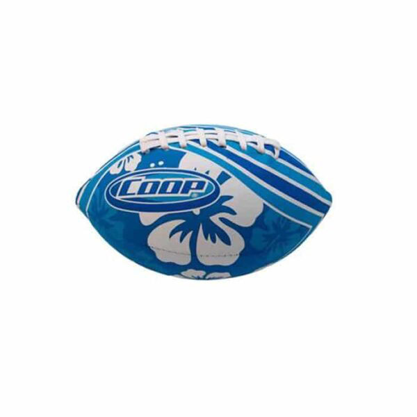 The Hydro Football is blue and white with a tropical hibiscus flower design and has COOP printed on the side.