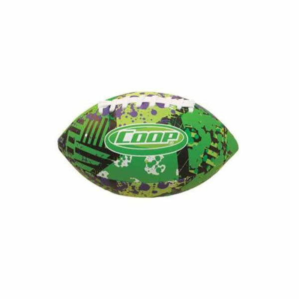 The Hydro Football features a green and black camouflage pattern with white laces. Coop is printed in white on a green oval at the center.