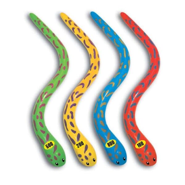 Four colorful DIVE EELS toy snakes—green, yellow, blue, and red—with spots and numbers (500, 200, 800, 100) on their heads are lined up side by side against a white background.