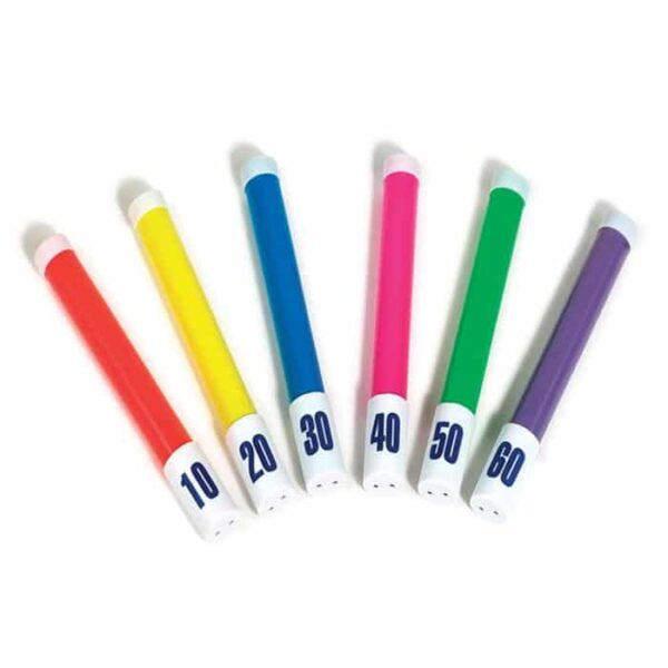 The Flex-Sticks Dive Game includes six colorful sticks—red (10), yellow (20), blue (30), pink (40), green (50), and purple (60)—each with a numbered white cap, displayed fanned out on a white background.