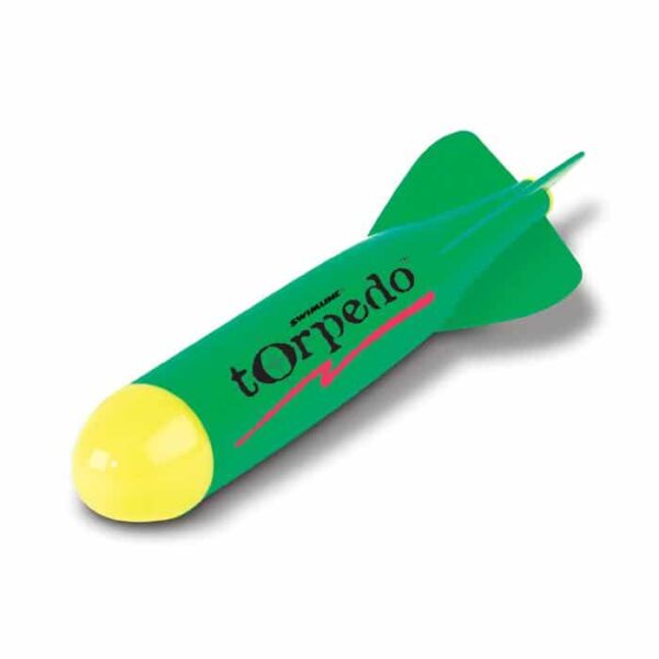 A green and yellow TORPEDO toy with fins, labeled TORPEDO in black text, is shown lying on a white background.