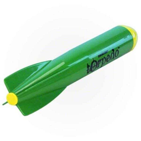 A green and yellow plastic pool toy called TORPEDO, designed for underwater swimming games.