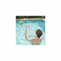 Two people are playing catch in a swimming pool on a sunny day using Lacrosse H2O sticks and ball.