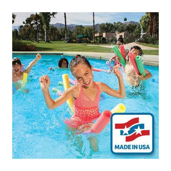 Three smiling children play in a pool using Swim Noodles. Colorful noodles float around them, with palm trees and buildings in the background. A Made in USA label is displayed in the bottom right corner.