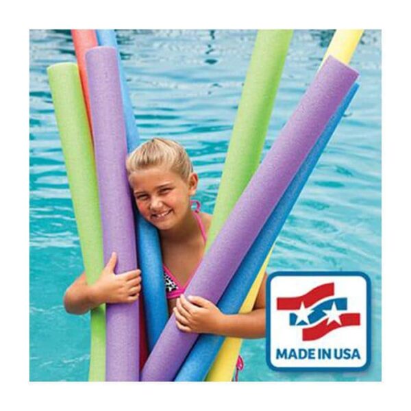 A smiling girl in a pool holds colorful Super Swim Noodles. A Made in USA label with a flag design appears in the lower right corner.