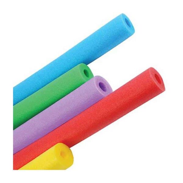 Five Super Swim Noodles—blue, green, purple, red, and yellow—are stacked diagonally on a plain white background. Each noodle has a hollow center and features bright foam colors.