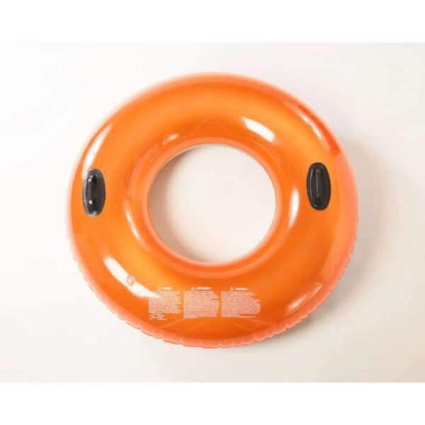 A 48 Suntanner Style Handle Ring, orange with two black handles, rests on a white surface. White instructions and safety warnings are printed on the lower part of the ring.
