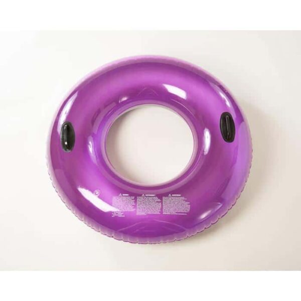 A 48 Suntanner Style Handle Ring in purple with black handles on each side lies on a white surface. White safety instructions and product info are printed on the lower part of the inflatable swim ring.