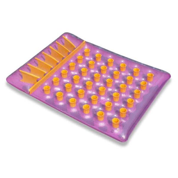 The Double French Mattress is a purple and pink inflatable pool float featuring five yellow cup holders on one side and 36 smaller yellow cup holder slots across its surface.