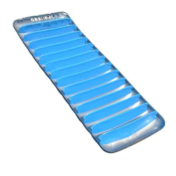 The Deluxe Suntanner Mattress is a blue and transparent inflatable pool mattress with horizontal air chambers, displayed on a white background.