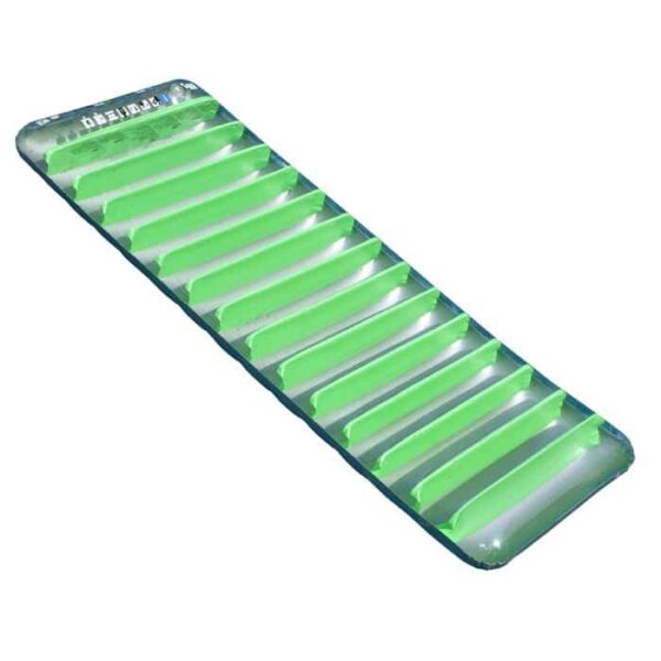 The Deluxe Suntanner Mattress, a green inflatable air mattress with clear edges for water use, is displayed against a white background.