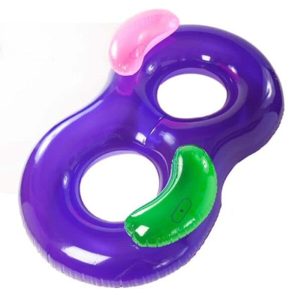 The SideBySide™ Lounger is a purple figure-eight inflatable pool float with two circular seats, featuring a green headrest on one side and a pink headrest on the other.