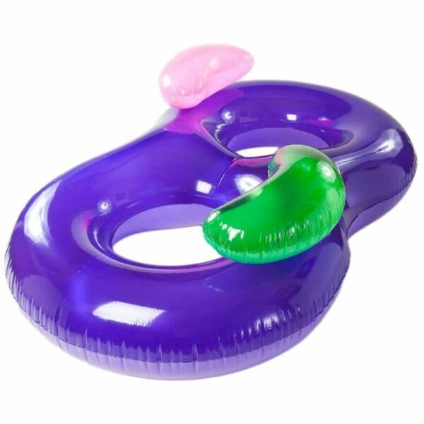 The SideBySide™ Lounger is a purple figure-eight inflatable pool float with two sitting holes and two raised pillow sections—one pink, one green—attached to the float.