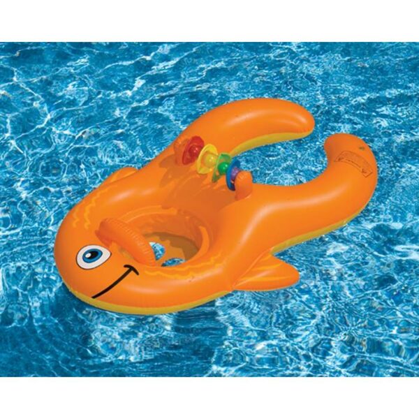 The Me & You Baby Seat, an orange fish-shaped pool float with colorful rings and a smiling face design, floats on the clear blue water.