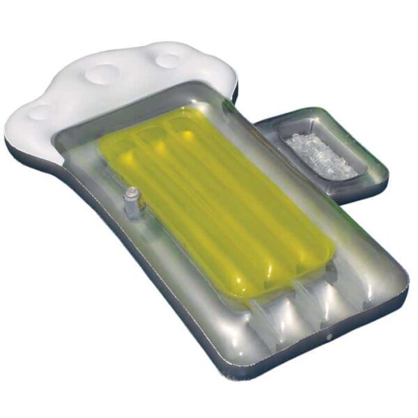 The Beer Mug Float is an inflatable pool float featuring a yellow air mattress, a white pillow area, and a built-in cooler compartment for ice.