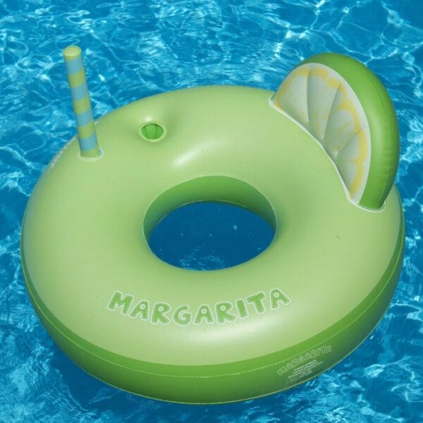 The MARGARITA RING is a green inflatable pool float shaped like a margarita, featuring a striped straw, lime slice decoration, and Margarita printed on it, shown floating in blue water.