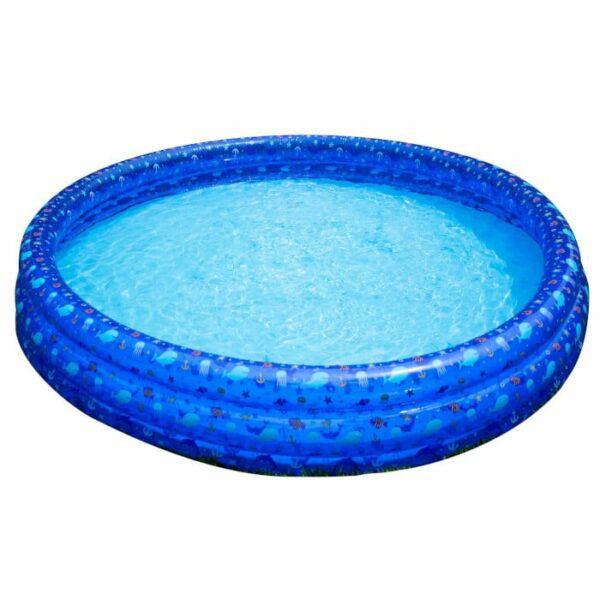 The 60IN 3 RING INFLATABLE POOL is a large, round, blue kiddie pool with clear water and a patterned design on the sides, shown against a white background.
