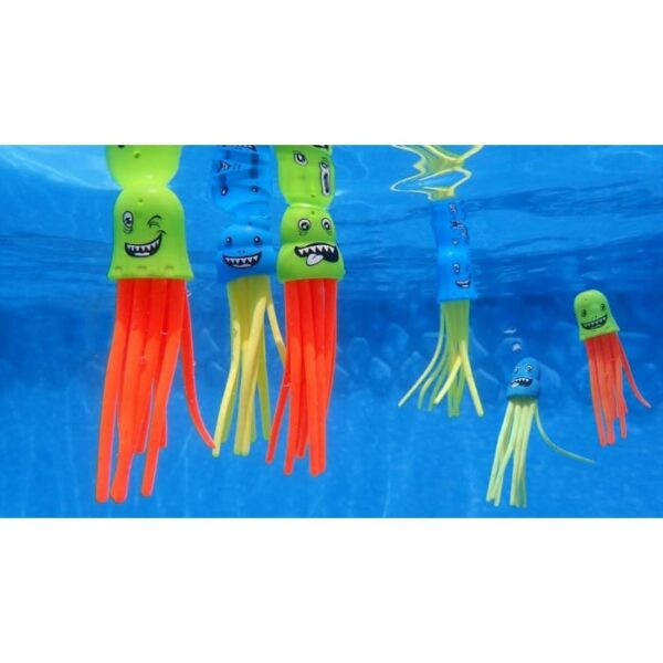 JELLYFISH DIVE GAME features vibrant jellyfish toys with smiling faces and bright tentacles that float and glide underwater in the pool.