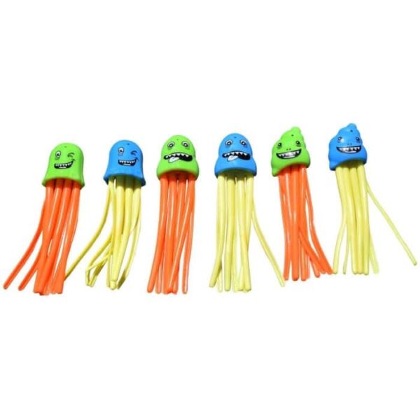 Six JELLYFISH DIVE GAME toys—three with green heads and three with blue heads—feature cartoon faces and long, thin yellow or orange tentacles, arranged in a row on a white background.