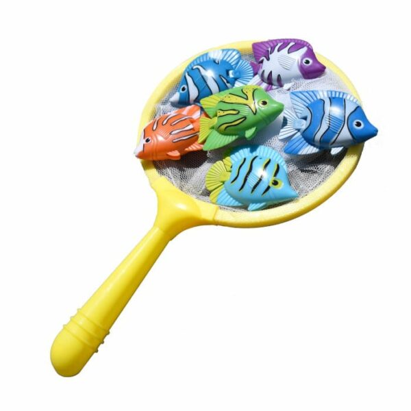 The FISH CATCH GAME features a yellow toy net with six colorful plastic fish—blue, green, orange, and purple—displayed on a white background.