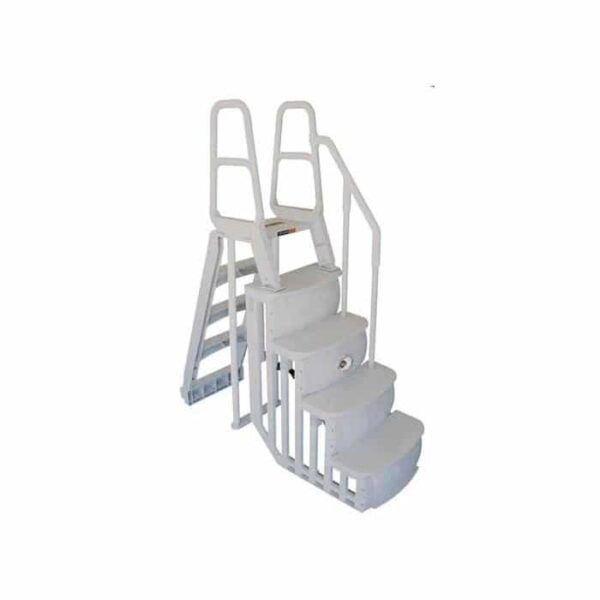 The Smart Step System by Main Access (Taupe) features sturdy, molded steps with a curved front and handrails on both sides, designed for easy entry and exit when placed inside your swimming pool.