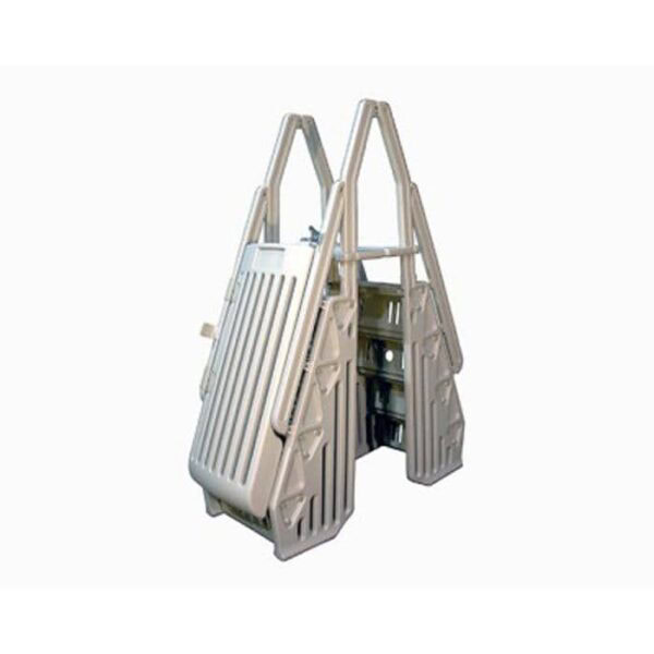 The Deluxe Step Entry with Gate is a beige plastic above-ground pool ladder featuring wide slatted steps, handrails on both sides, and is shown folded for storage or transport against a white background.