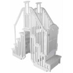 The Gated Above Ground Entry System is a white plastic indoor playset with steps on one side, a small top platform, and a slide on the other. Its design features vertical slats and rounded edges for enhanced safety.