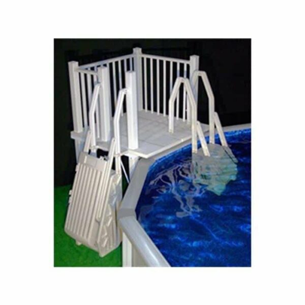 The Resin Deck 5 x 5 - Taupe features white pool stairs with handrails from a small platform into your above-ground pool with clear blue water, plus a second set of stairs leading down outside the pool.