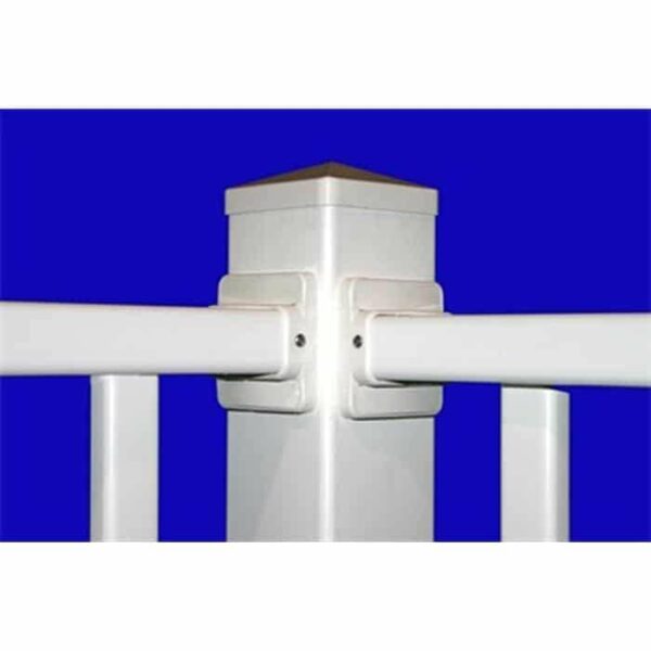 A close-up of the Resin Deck 5 x 5 - Taupe fence post with two rails attached on either side and a pointed cap, set against a solid blue background.