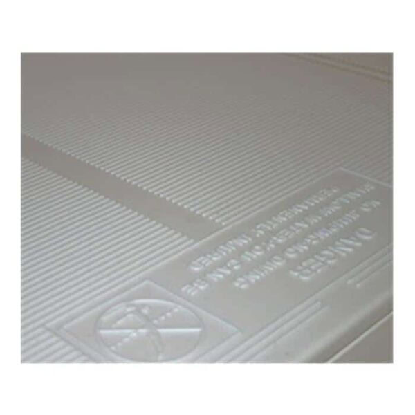 Close-up of the Resin Deck 5 x 5 - Taupe shows a textured, light taupe plastic surface with embossed safety instructions and a warning symbol, both slightly blurred and hard to read.