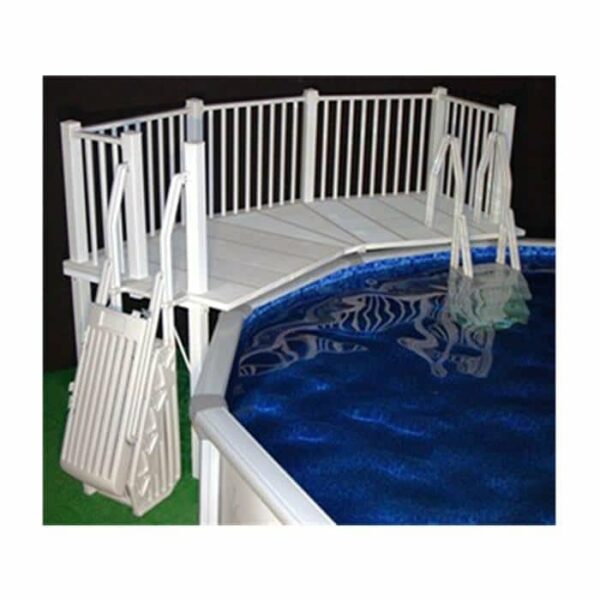 A taupe Resin Deck 5 x 13.5 with steps and a safety railing is attached to the side of a round blue pool, with the steps folded up outside the pool area.