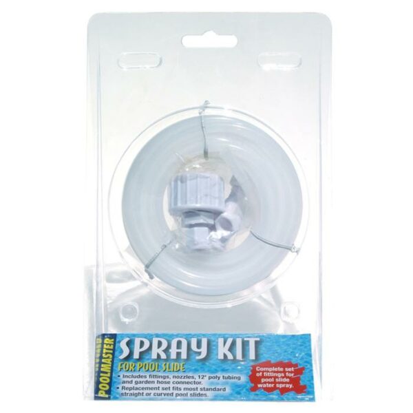 The SPRAY KIT FOR POOL SLIDE by Poolmaster includes coiled tubing and fittings, plus a blue label listing features and installation instructions.