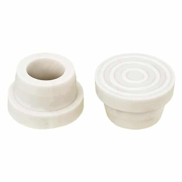 Two Ladder Bumper - Xpand N Lock stoppers in white rubber: one upright showing concentric circles on top, the other on its side revealing a hollow center.