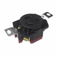 The Single Receptacle: 20 Amp NEMA L5-20 is a black and red electrical fuse holder with two metal mounting tabs and a round top cap, designed to house fuses in electrical circuits.