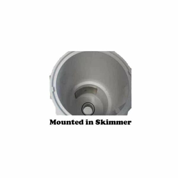 Top view of a Bond Safe 680 device installed at the bottom inside a cylindrical above ground pool skimmer. Text below reads Mounted in Skimmer.