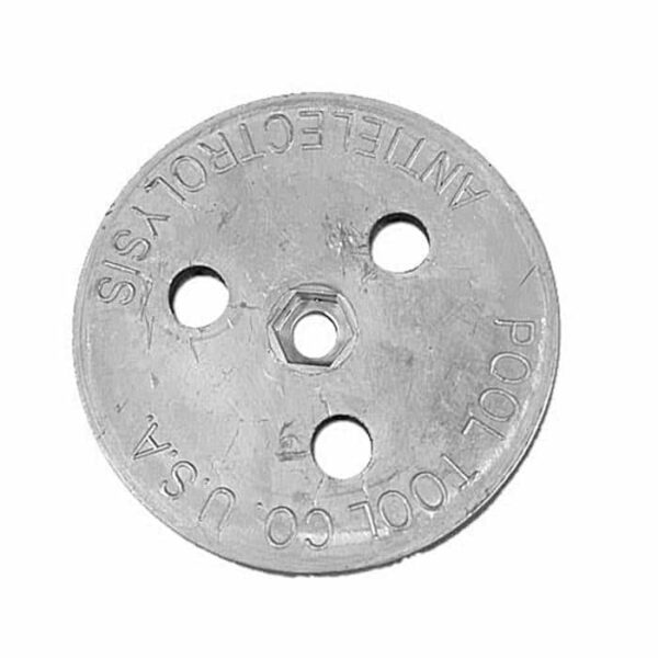 A round metal disk with four holes and engraved text ANTILECTOROLYSIS POOL TOOL CO. U.S.A. identified as an Anti-Electrolysis Basket Weight, likely used as a pool tool or part.