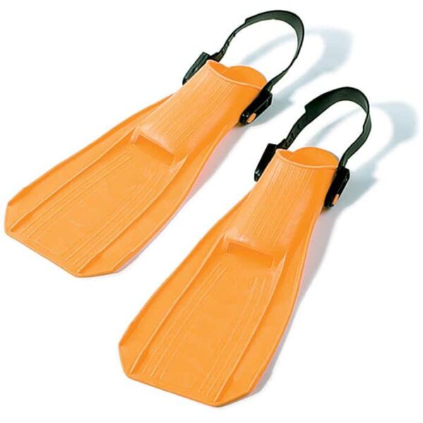 A pair of DOLPHIN FIN SMALL bright orange swim fins with black adjustable heel straps, designed for swimming or snorkeling, placed side by side on a white background.