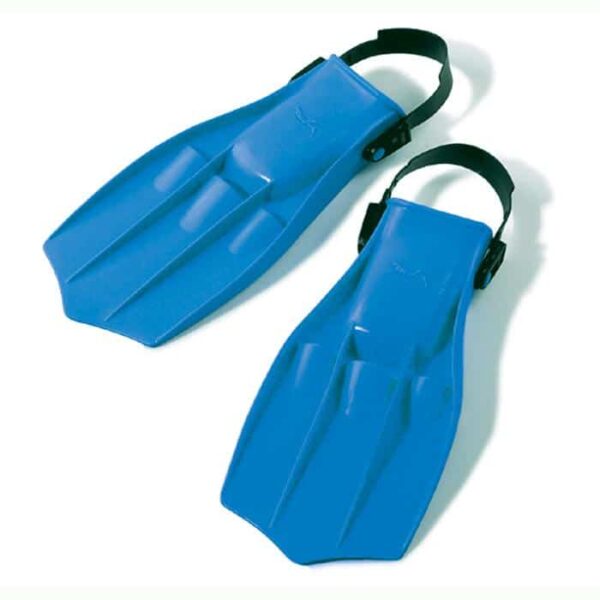 A pair of Dolphin Swim Fins (Size 2-4) with blue blades and black adjustable heel straps, placed side by side on a white background.