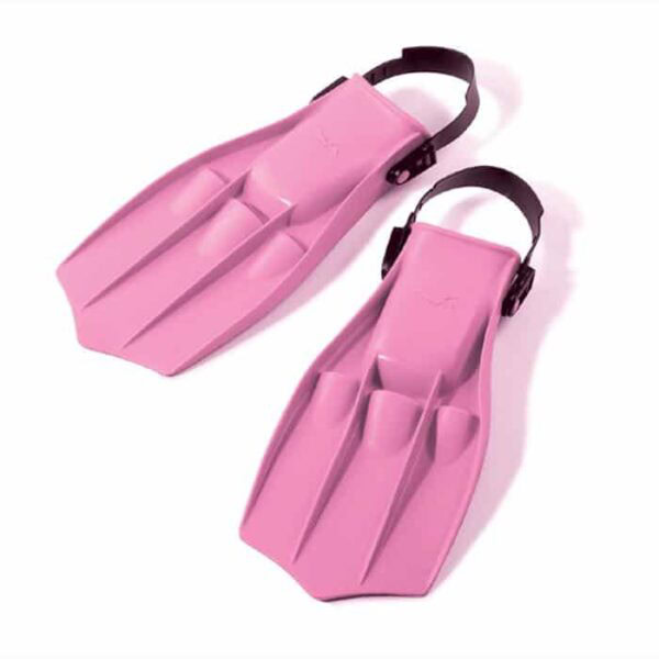 Dolphin Swim Fins (Size 2-4) in pink with black adjustable straps, displayed side by side on a white background.