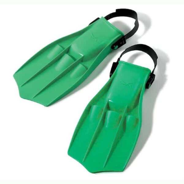 A pair of Dolphin Swim Fins (Size 2-4) in bright green with adjustable black straps, shown side by side on a white background.