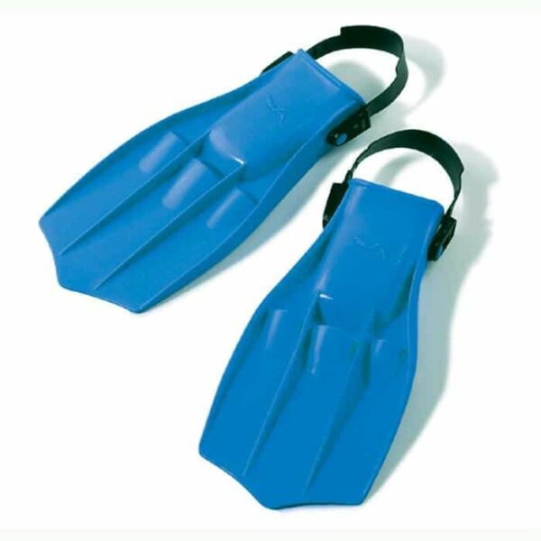 Dolphin Swim Fins (Size 5-7): Blue fins with adjustable black heel straps, designed for swimming or diving. Wide, flat blades feature grooves for enhanced water movement.
