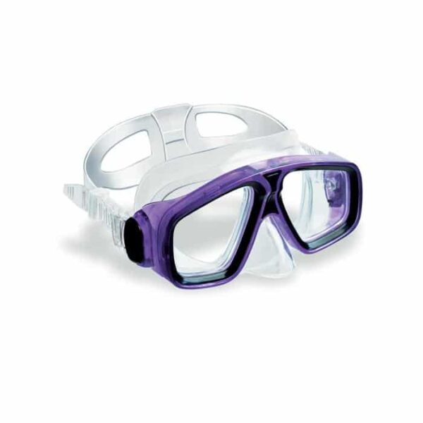 The STINGRAY MASK is a pair of clear and purple swim goggles with a transparent silicone strap, designed for underwater use.