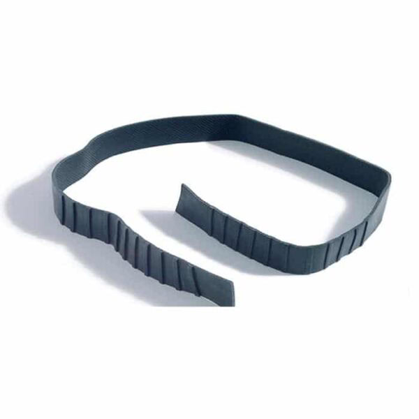 The SWIM MASK REPLACEMENT STRAP, a black ribbed rubber band, is shown cleanly cut into two pieces and arranged on a white background.
