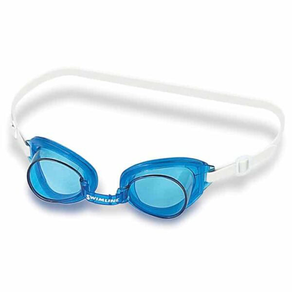 Buccaneer Swim Goggle in blue with clear lenses and a white adjustable strap, displayed on a white background.