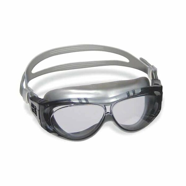 The Club Sports Goggle features clear lenses, a gray adjustable strap, side guards, and a flexible nose bridge for eye protection during work or lab tasks.