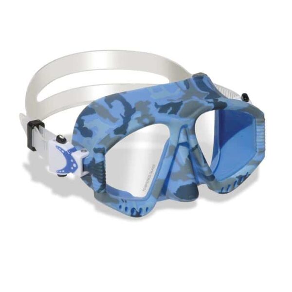 The St. Marteen Mask (Youth/Adult) features a blue camouflage pattern, clear twin lenses, and a white adjustable strap, perfect for underwater activities.